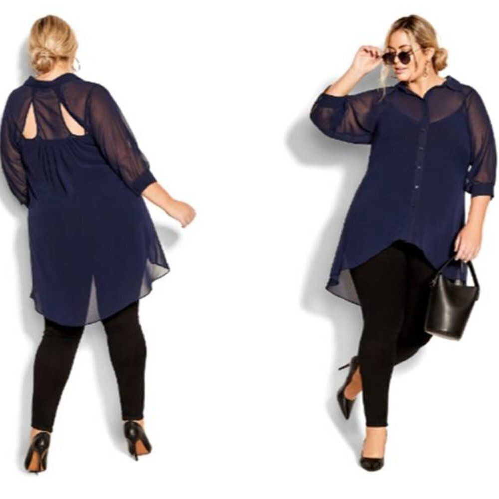 CITY CHIC Women's Cut-Out Back‎ Hi-lo Shirt Sheer Woven Button Front Party Navy